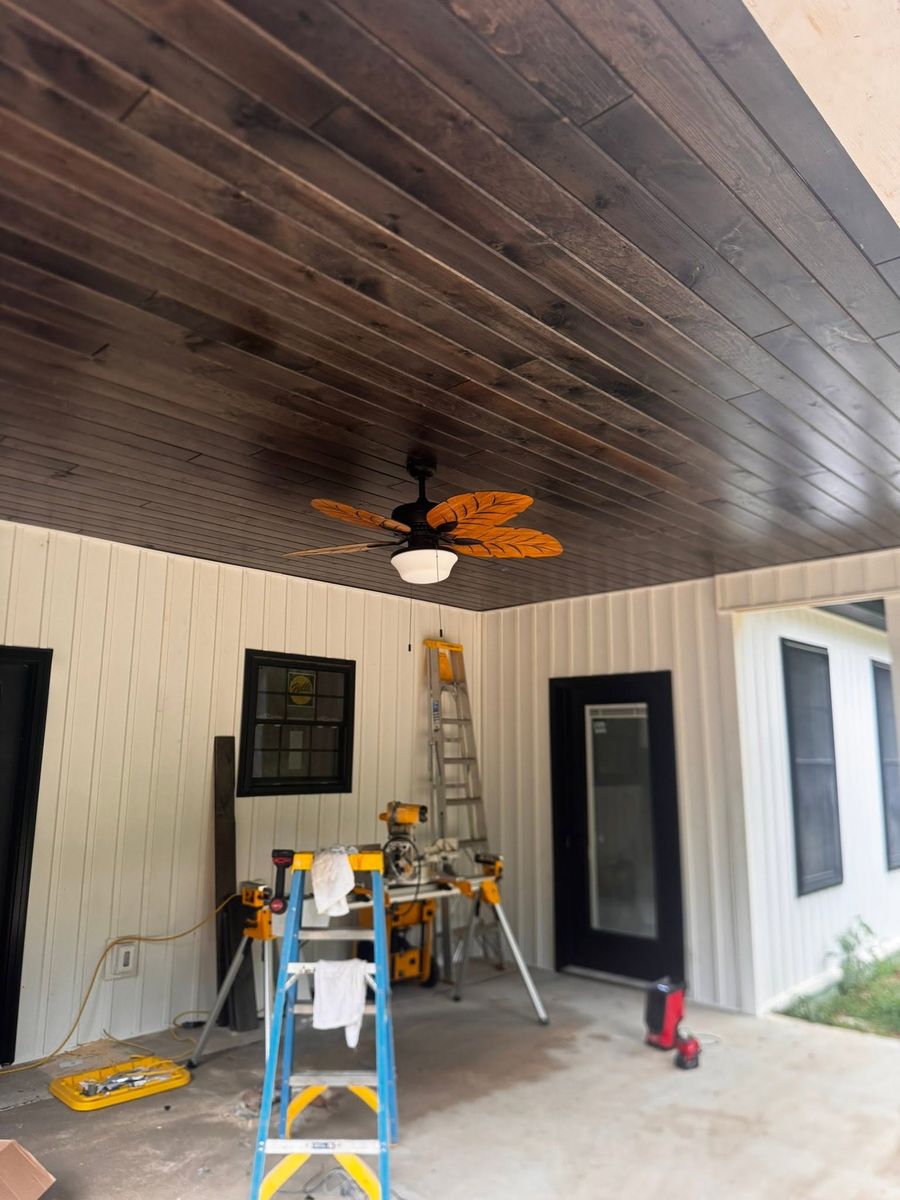 Stained wood porch ceiling